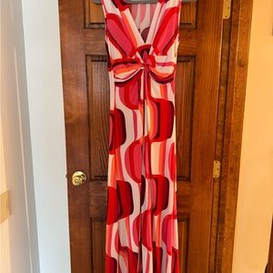 Lesley Evers Retro Mod Pink & Red Geometric Twist Front Maxi Dress – Size M